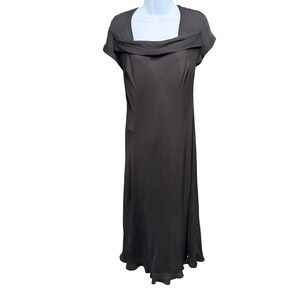 Vtg Talbots Dress Sz 14 100% Silk Black Midi Square Neck Draped Cap Sleeve Lined
